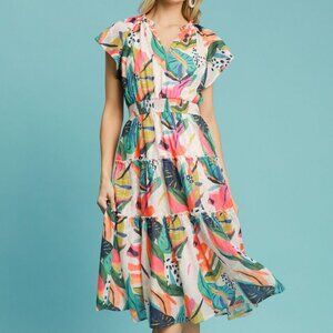 SUMMER LEAF PRINT WOMEN DRESS V NECK PLEATED DETAIL MIDI DRESS TIERED LAYERS
